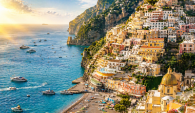 Amalfi Coast Italy showing Positano village with colorful buildings and Mediterranean sea