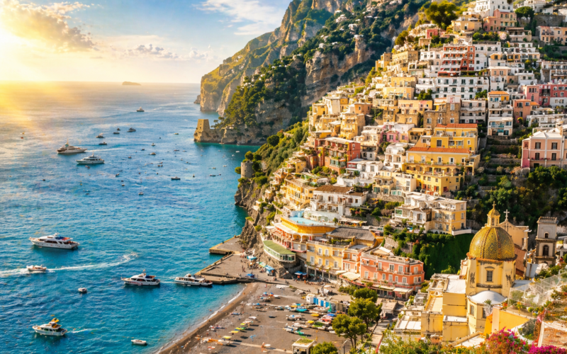 Amalfi Coast Italy showing Positano village with colorful buildings and Mediterranean sea