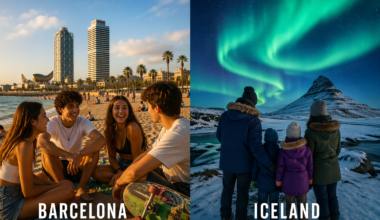Best European vacations for families with teens showing Barcelona beach and Iceland Northern Lights