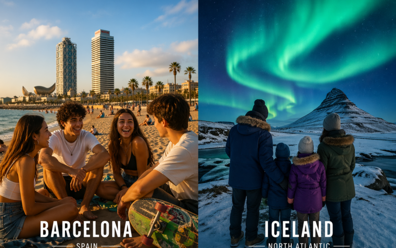 Best European vacations for families with teens showing Barcelona beach and Iceland Northern Lights