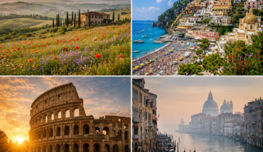 Italy in different seasons — spring Tuscany, summer Amalfi Coast, autumn Rome, winter Venice