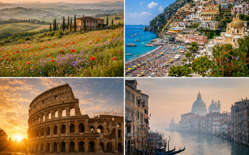 Italy in different seasons — spring Tuscany, summer Amalfi Coast, autumn Rome, winter Venice
